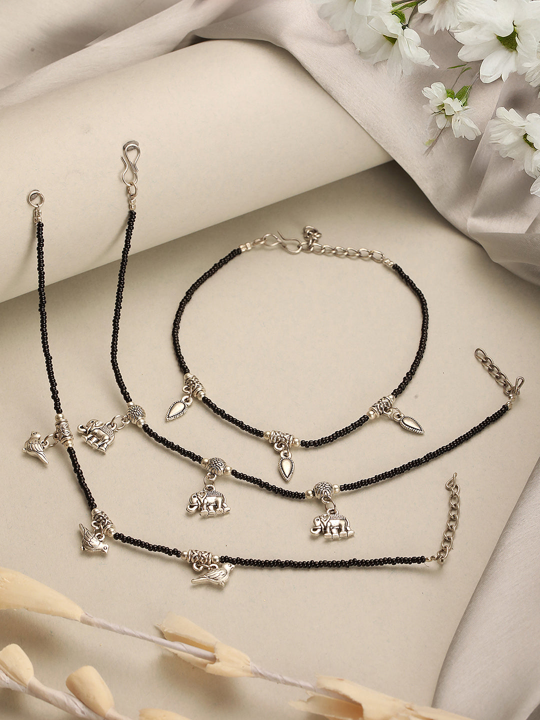 Combo of 3 Black Beads Minimal Thread Bird Elephant leaf Motif Anklet Payal